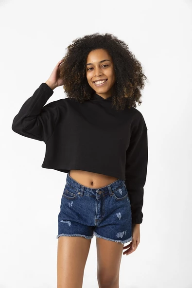 Basic Siyah Kapüşonlu Crop Sweatshirt ürün görseli