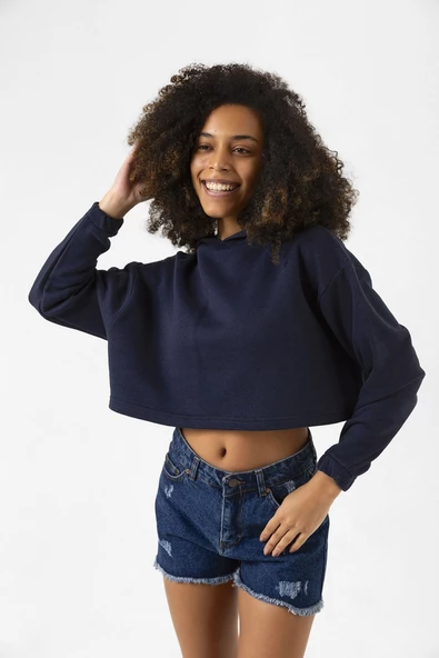Basic Lacivert Kapüşonlu Crop Sweatshirt - 1