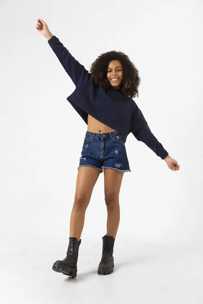 Basic Lacivert Kapüşonlu Crop Sweatshirt - 9