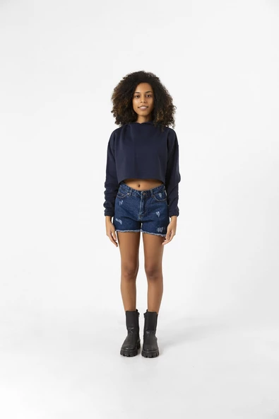 Basic Lacivert Kapüşonlu Crop Sweatshirt - 4