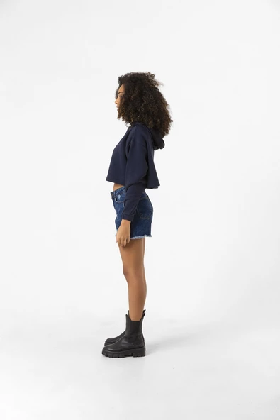 Basic Lacivert Kapüşonlu Crop Sweatshirt - 5
