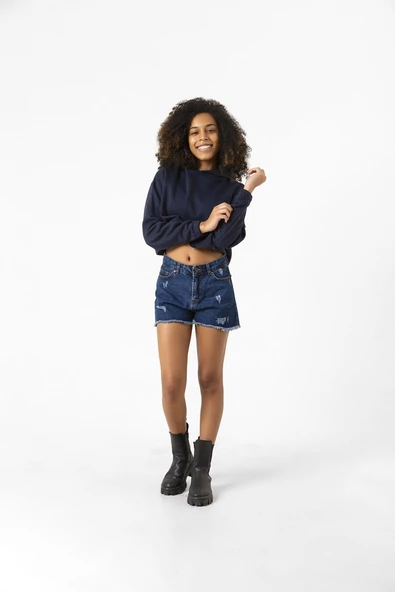 Basic Lacivert Kapüşonlu Crop Sweatshirt - 7