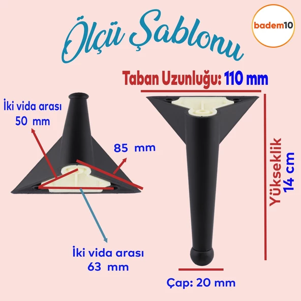 Gonca Lüks Mobilya Kanepe Tv Ünitesi Koltuk Ayağı Ayakları 14 Cm Plastik Siyah Renk Baza Ayakları - Resim 2