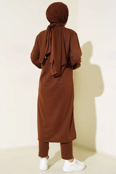 Yırtmaçlı Uzun İkili Takım Kahve - Resim 3