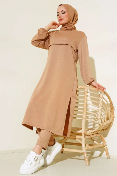 Yırtmaçlı Uzun İkili Takım Latte ürün görseli 1