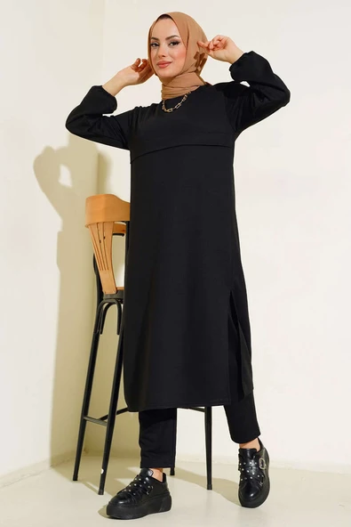 Yırtmaçlı Uzun İkili Takım Siyah