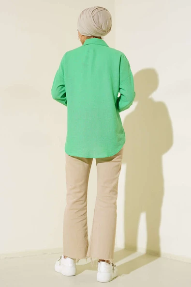 Tek Cepli Keten Gömlek Benetton - Resim 3