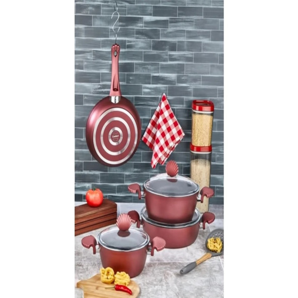 Cooker 7 Parça Titanyum Tencere Takımı Kırmızı