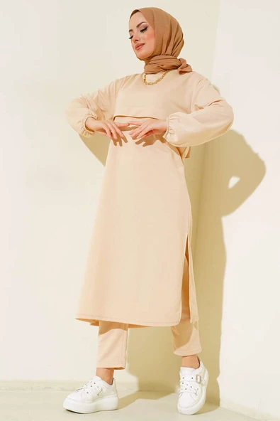 Yırtmaçlı Uzun İkili Takım Bej