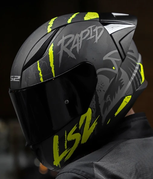 LS2 Rapıd 2 Race Raven Neon Sarı Kapalı Motosiklet Kaskı Siyah Camlı - 3