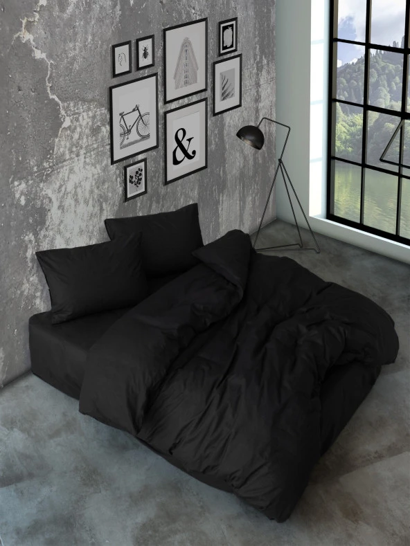 Cozy Home Çift Kişilik Lastikli Çarşaflı Nevresim Takımı Simple Siyah ürün görseli 1