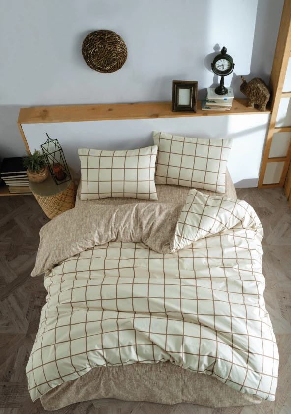 Cozy Home Çift Kişilik Lastikli Çarşaflı Nevresim Takımı Kare Krem ürün görseli 1