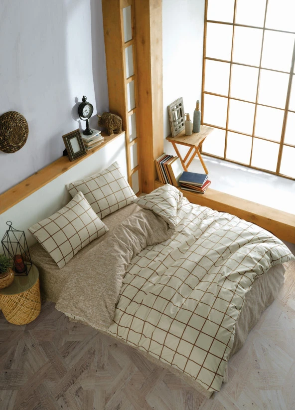 Cozy Home Çift Kişilik Lastikli Çarşaflı Nevresim Takımı Kare Krem - Resim 2