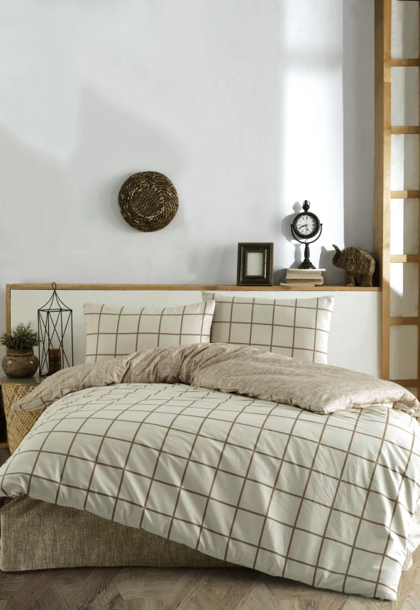 Cozy Home Çift Kişilik Lastikli Çarşaflı Nevresim Takımı Kare Krem - Resim 3