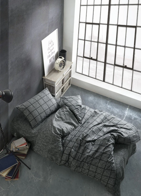 Cozy Home Tek Kişilik Lastikli Çarşaflı Nevresim Takımı Kare Siyah - Resim 2