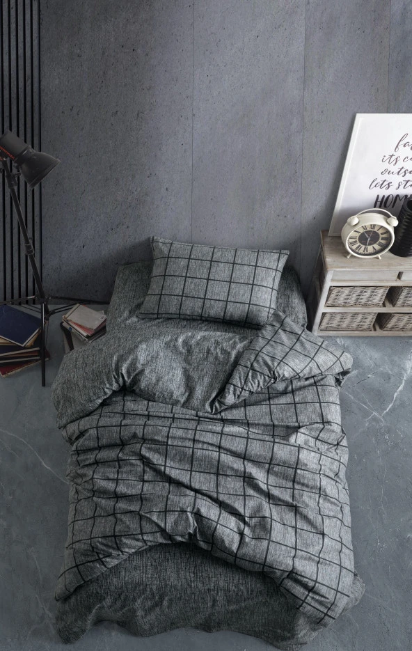 Cozy Home Tek Kişilik Lastikli Çarşaflı Nevresim Takımı Kare Siyah - Resim 3
