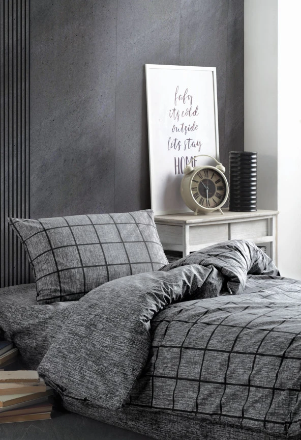 Cozy Home Tek Kişilik Lastikli Çarşaflı Nevresim Takımı Kare Siyah - Resim 4