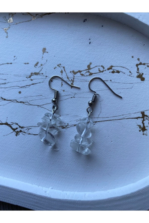 Kırık Kristal Kuvars Doğal Taş Gümüş Sallantı Küpe