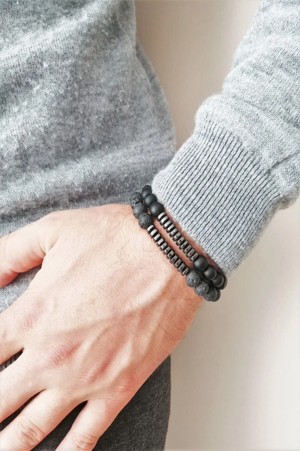 Lav Ve Oniks Doğal Taş Erkek Bileklik Kombin - 2