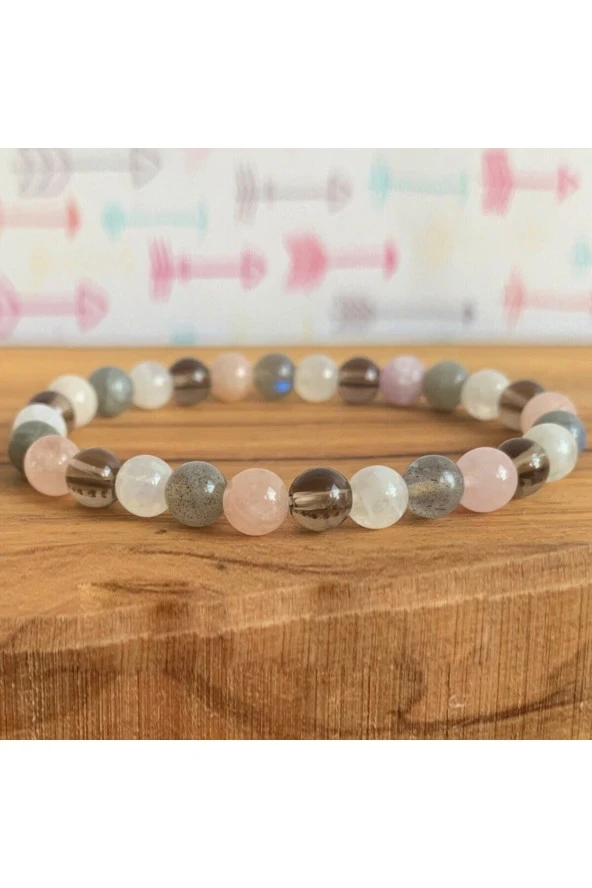 Pembe-Kuvars-Labradorit-Ay Taşı-Dumanlı Kuvars Doğal Taş Bileklik 8mm