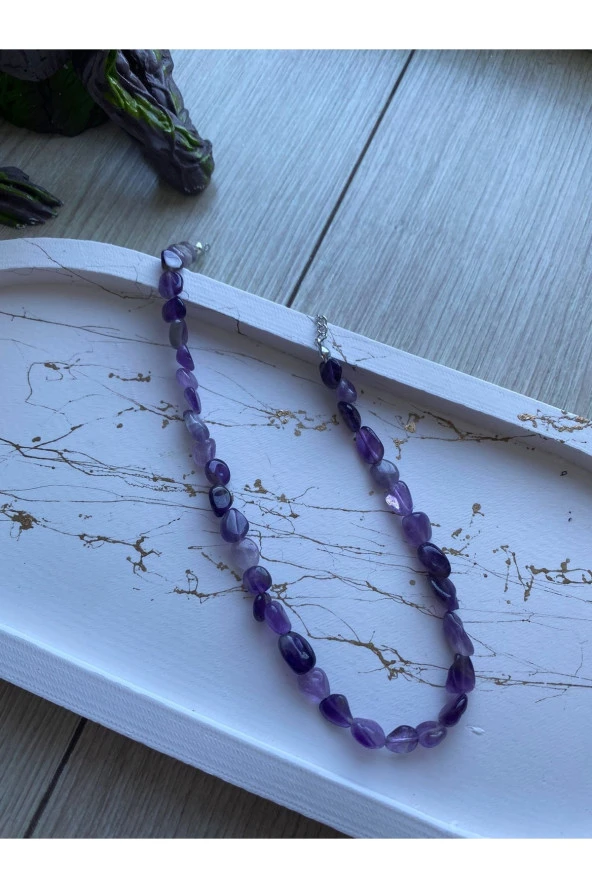 Oval Ametist Doğal Taş Kolye