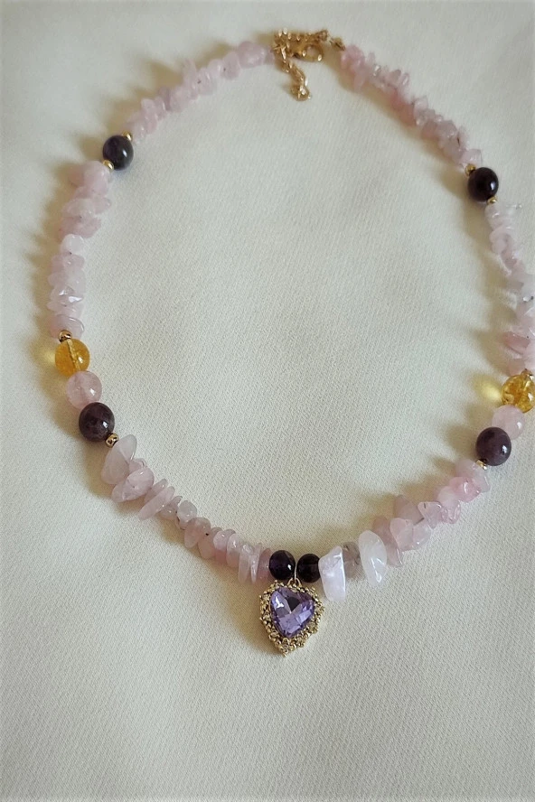Swarovski Taşlı Pembe Kuvars, Ametist, Sitrin Doğaltaş Kalp Kolye - 2