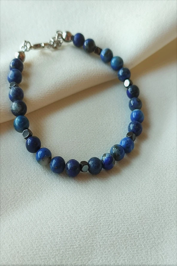Sertifikalı Lapis Lazuli Hematit Doğaltaş Bileklik 6 Mm
