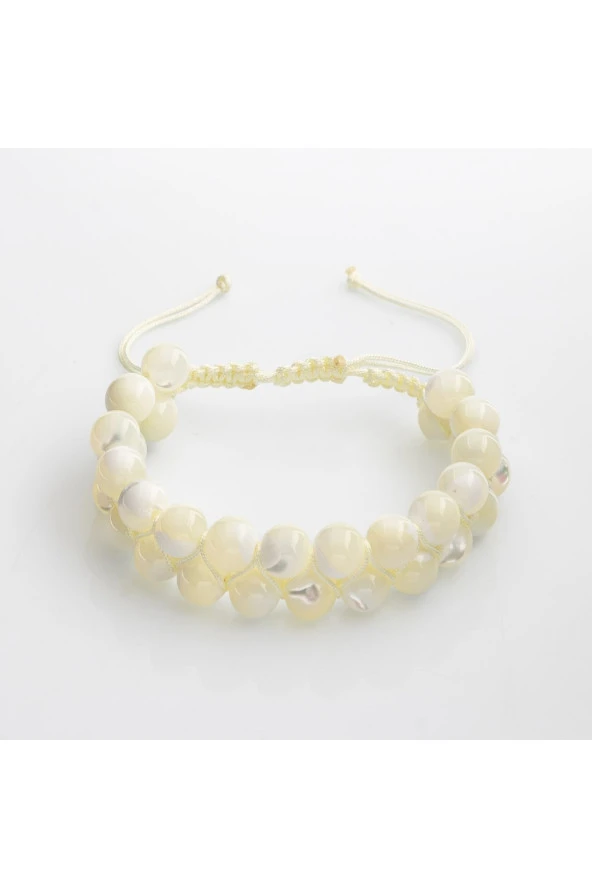 Beyaz Sedef 8mm Çift Sıra Makrome Doğal Taş Bileklik - 2