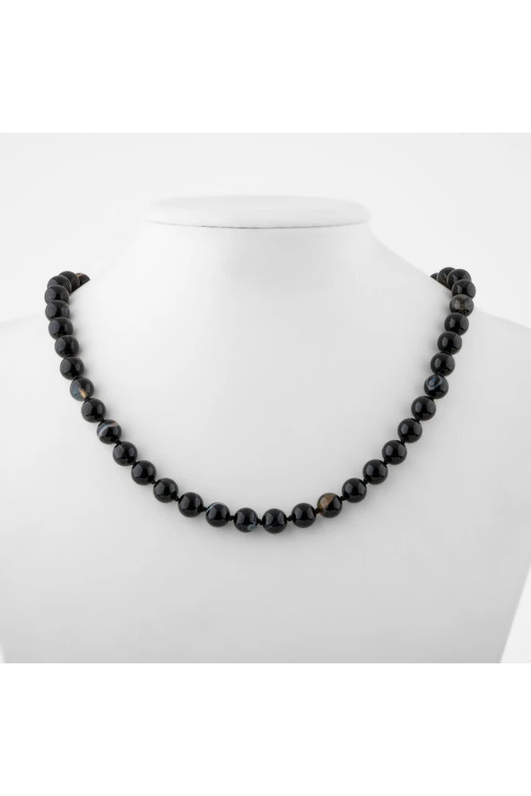 Siyah Göz Akik 6 mm Düğümlü Doğal Taş Kolye