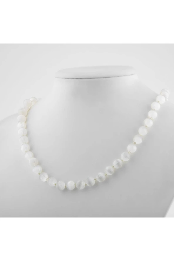 Selenit 8 mm Düğümlü Doğal Taş Kolye - 2