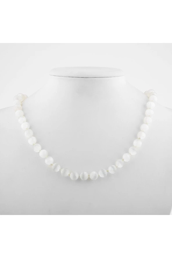 Selenit 8 mm Düğümlü Doğal Taş Kolye