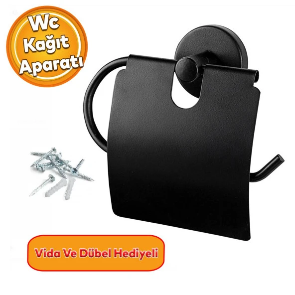 Kapaklı WC Kağıt Standı Sağlam Kaliteli Siyah Tuvalet Kağıtlık Aparat Paslanmaz Metal