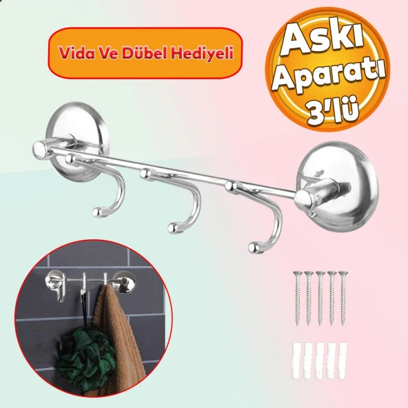Banyo Lavabo Vidalı Askılık 3lü Metal Sağlam Aparat Krom Askılık Elbise Havlu Asma Askı