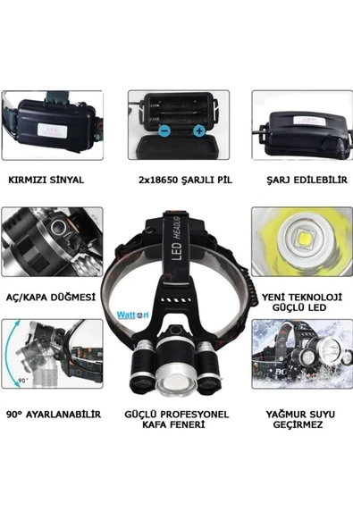 Watton Wt-256 Xm-l T6 Şarjlı Led Kafa Lambası Feneri Çalışma Tamir Lambası - Resim 3
