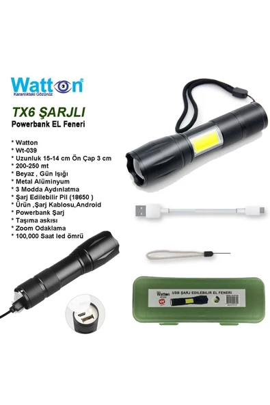 Watton Wt-039 Cob Ve Power Led Li Şarjlı El Feneri