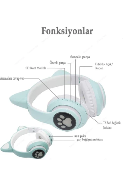 SHOPLİNE Pembe Kablosuz Kedi Kulaklık - Işıklı Mikrofonlu Bluetooth Hafıza Kartı Girişli Çocuk Kulaklığı - 4
