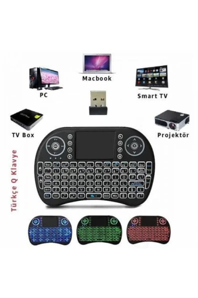 UcuzlukEvi Kablosuz Led Işıklı Bluetooth Türkçe Mini Klavye Mouse Smart Tv Box - Siyah - Resim 2