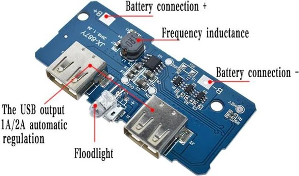 Çift USB Çıkışlı Power Bank Kartı - Pil Seviye Göstergeli (2.1A ve 1A Çıkışlı) - 2