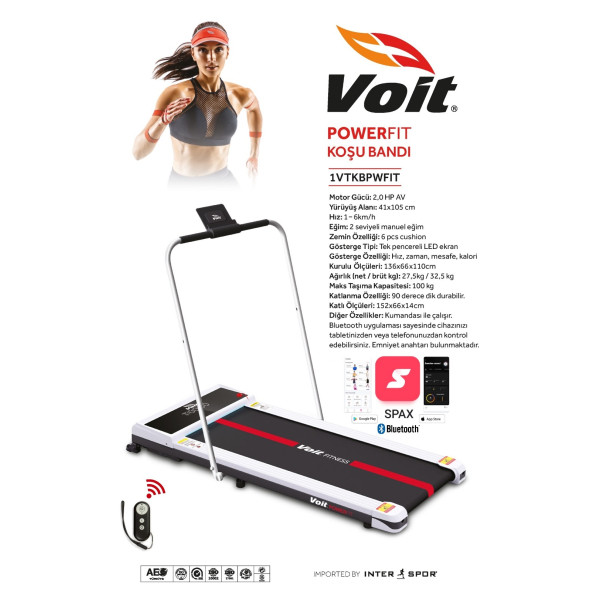 Voit Powerfit 12km Hız Brushless Motor, Işıklı-Manuel Eğim-Kumandalı-Bluetooth'lu-Katlanabilir Koşu Bandı - 8