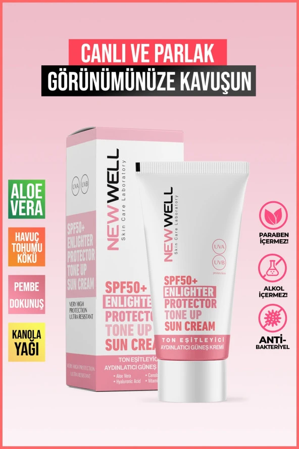 New Well Ton Eşitleyici yüksek Koruma Etkili Spf50+ Aydınlatıcı Pembe Yüz Güneş Kremi 50 Ml