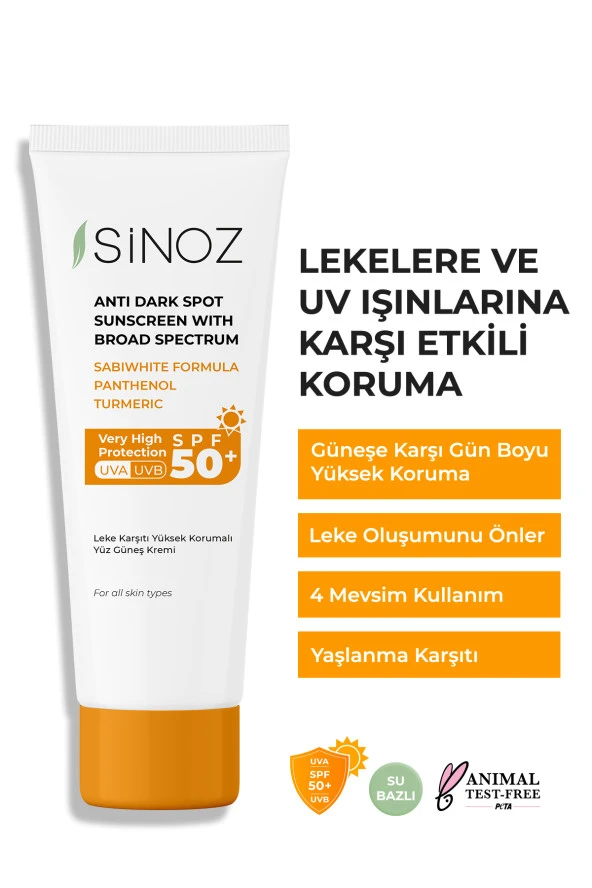 SİNOZ Spf 50 Leke Karşıtı Yüksek Koruyucu Yüz Güneş Kremi 50 ml Normal Ve Kuru Ciltler Için