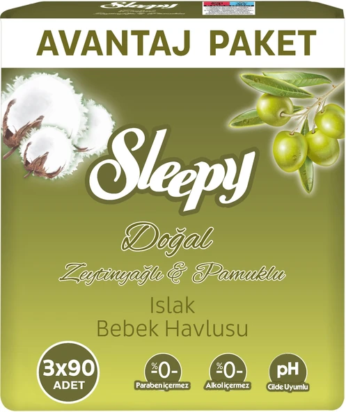 Sleepy Islak Havlu Mendil 90 Yaprak Zeytin Yağlı 3 Lü Pk Avantaj Pk Plastik Kapaklı - 1