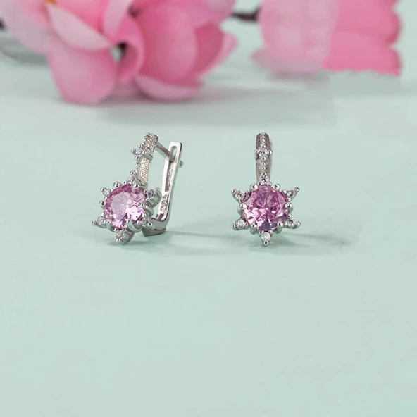 Gümüş Pazarım Pırlanta Montür Prenses Tektaş Gümüş Küpe Pembe