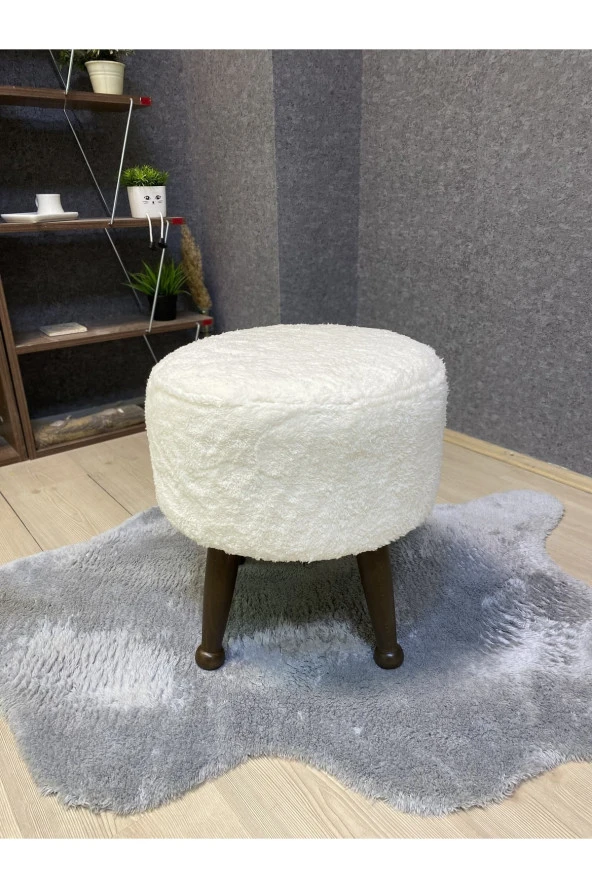 Asedia Miskin Ceviz Teddy Krem Ahşap Ayaklı Peluş Puf Makyaj Koltuğu Yuvarlak Tabure