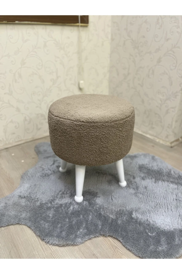 Asedia Miskin Lake Teddy Kahve Ahşap Ayaklı Peluş Puf Makyaj Koltuğu Yuvarlak Tabure