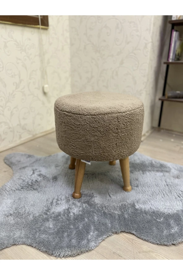 Asedia Miskin Naturel Teddy Kahve Ahşap Ayaklı Peluş Puf Makyaj Koltuğu Yuvarlak Tabure