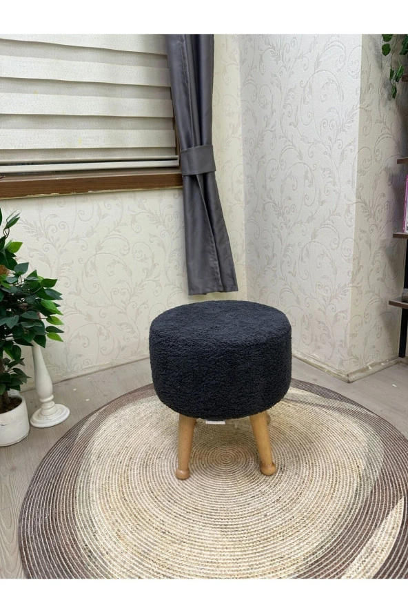 Asedia Miskin Naturel Teddy Antrasit Ahşap Ayaklı Peluş Puf Makyaj Koltuğu Yuvarlak Tabure