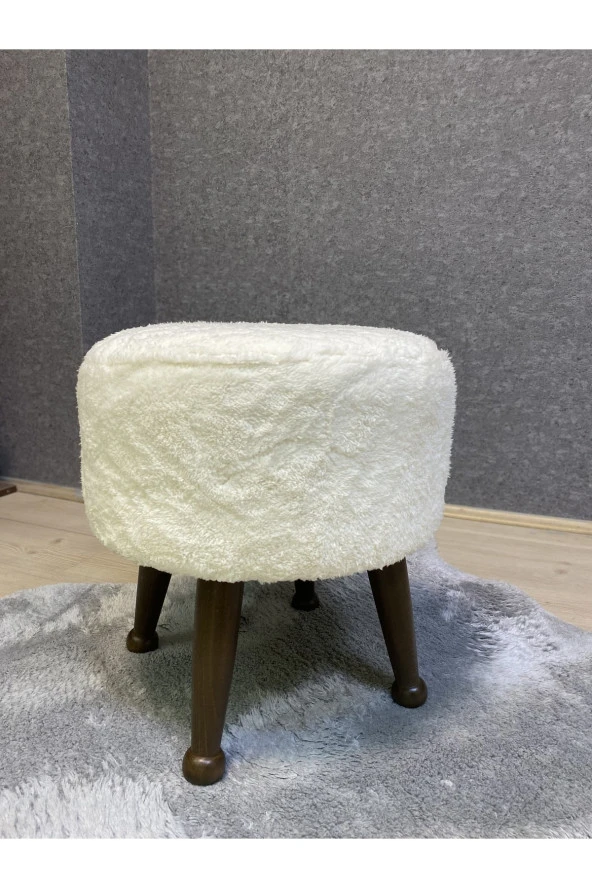 Asedia Miskin Ceviz Teddy Krem Ahşap Ayaklı Peluş Puf Makyaj Koltuğu Yuvarlak Tabure - Resim 2
