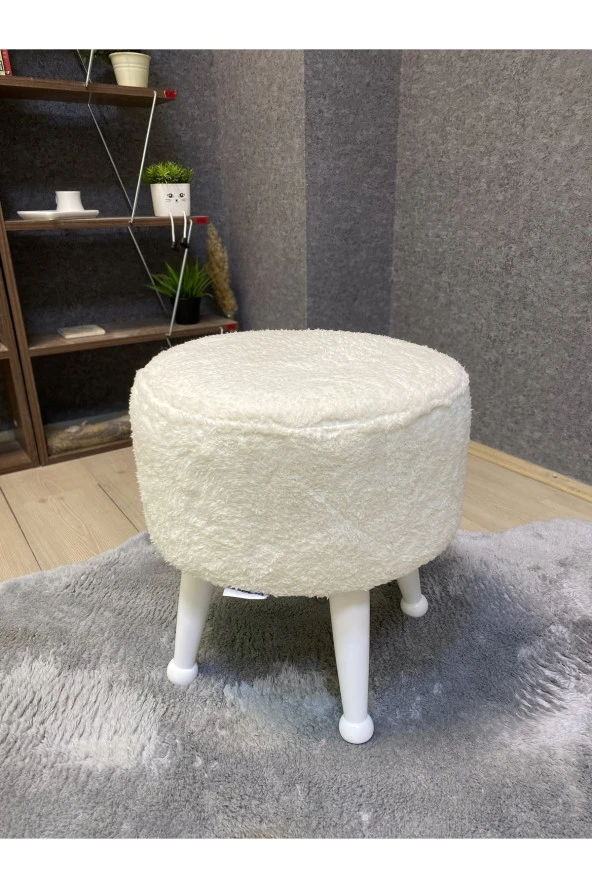 Asedia Miskin Lake Teddy Krem Ahşap Ayaklı Peluş Puf Makyaj Koltuğu Yuvarlak Tabure