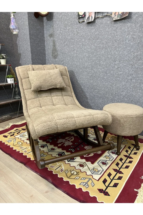 Asedia Miskin Ceviz Teddy Kahve Ahşap Ayaklı Peluş Puf Makyaj Koltuğu Yuvarlak Tabure - Resim 2